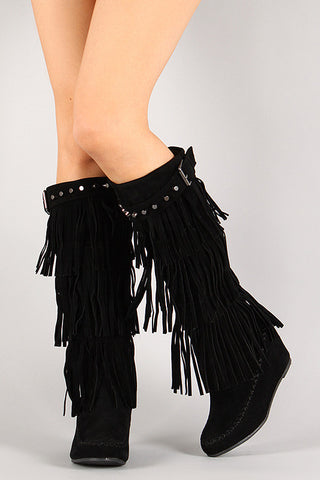 Fringe Studded Moccasin Knee High Wedge Boot