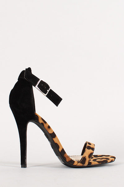 Anne Michelle Leopard Suede Ankle Strap Open Toe Heel