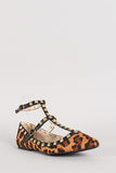 Leopard Faux Suede Pyramid Studded T-Strap Flat