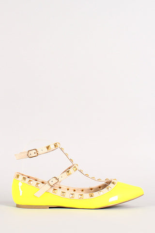 Neon Patent Pyramid Studded T-Strap Flat