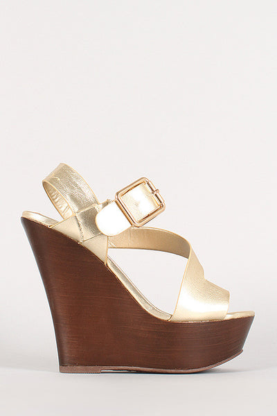 Dollhouse Metallic Asymmetrical Faux Wood Open Toe Platform Wedge