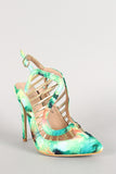 Abstract Buckle Metallic Caged Pointy Toe Pump