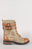 Bamboo Two Tone Double Buckle Lace Up Combat Boot