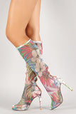 Tropical Floral Mesh Peep Toe Stiletto Boot