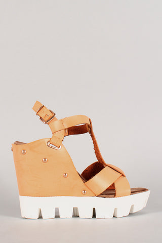 Open Toe Criss Cross Lug Sole Platform Wedge