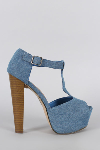 Breckelle Denim T-Strap Peep Toe Platform Heel