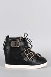 Multi Buckle Strap Lace Up Round Toe High Top Wedge Sneaker