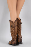 Crinkled Double Buckle Slouchy Riding Knee High Boot