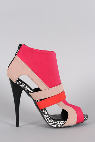 Qupid Colorblock Cutout Peep Toe Stiletto Booties