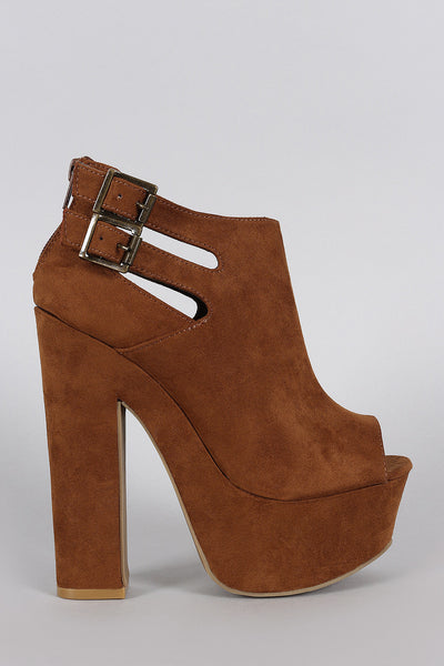 Bamboo Suede Buckle Cutout Peep Toe Chunky Platform Heel