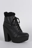 Qupid Sweater Cuff Lace Up Lug Sole Platform Heeled Combat Ankle Boots