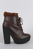 Qupid Sweater Cuff Lace Up Lug Sole Contrast Platform Heeled Combat Ankle Boots