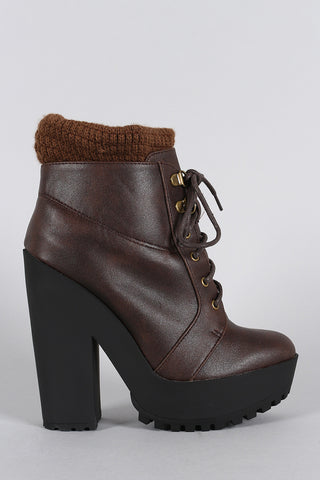 Qupid Sweater Cuff Lace Up Lug Sole Contrast Platform Heeled Combat Ankle Boots