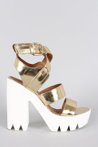 Qupid Metallic Strappy Platform Chunky Heel