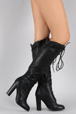 Qupid Round Toe Lace Up Heeled Combat Knee High Boot