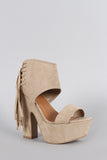 Qupid Suede Side Fringe Peep Toe Chunky Platform Heel