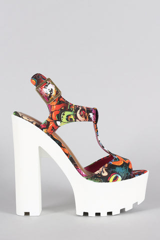 Bamboo Graffiti T-Strap Platform Chunky Heel