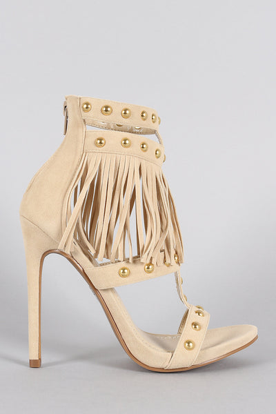 Shoe Republic LA Fierce Fringe Studded Open Toe Heel