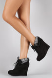 Qupid Suede Tribal Collar Round Toe Lace Up Wedge Booties