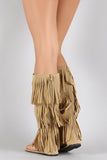 Suede Triple Layered Fringe Knee High Boot Sandal