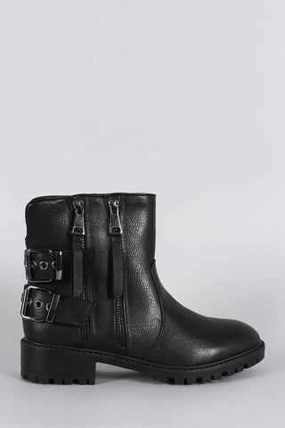 Qupid Burnished Double Zipper Buckle Round Toe Ankle Boots