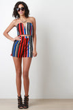 Multicolor Stripe Front Slit Strapless Romper