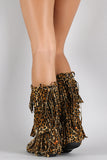 Leopard Triple Layered Fringe Round Toe Mid Calf Boot