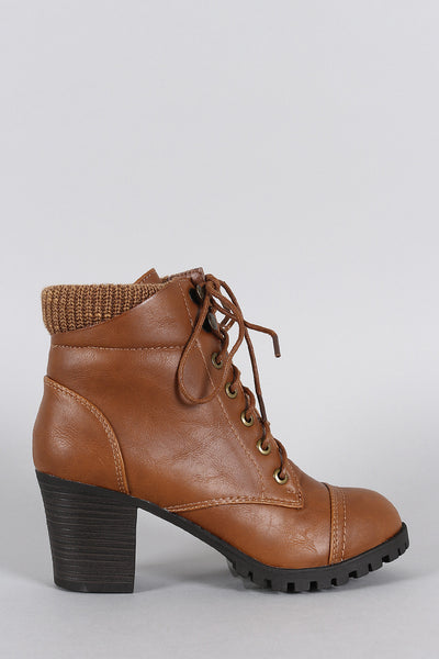 Bamboo Sweater Cuff Combat Lace Up Ankle Boots