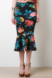 Floral Print Scuba Peplum Mermaid Midi Skirt