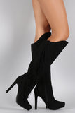 Qupid Suede Asymmetrical Fringe Pointy Toe Heeled Knee High Boot