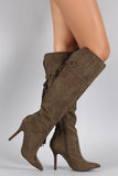 Qupid Suede Tassel Fringe Pointy Toe Stiletto Heeled Knee High Boot