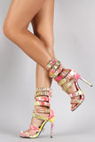 Pyramid Studded Strappy Buckle Floral Print Gladiator Heel