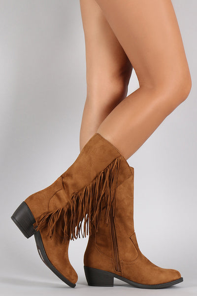 Soda Suede Fringe Round Toe Cowgirl Mid Calf Boot