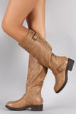 Contrast Zipper Studded Round Toe Riding Knee High Boot