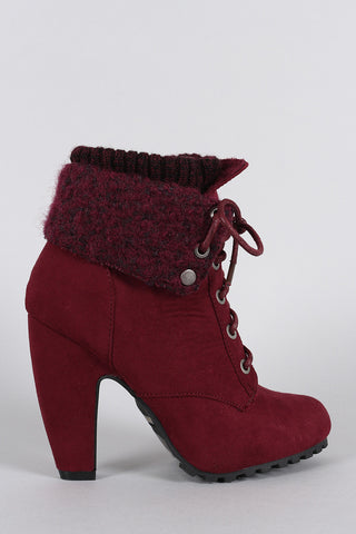 Bamboo Sweater Cuff Down Suede Lace Up Heeled Booties