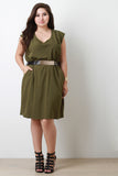 Short Sleeves Gold Metallic Belt Casual Dress