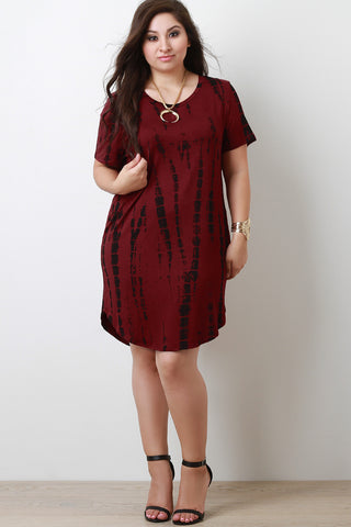 Tie Dye Curved Hem Short Sleeves Tunic Midi Dress