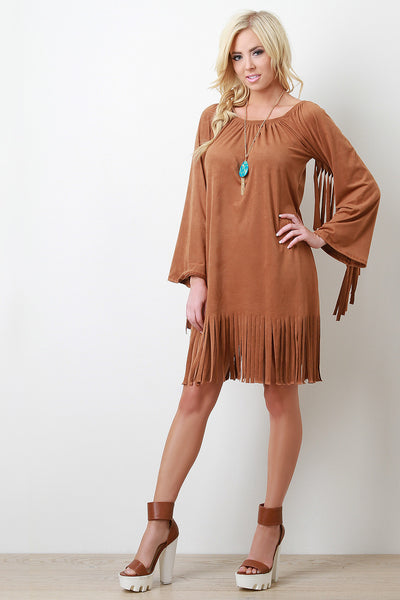 Faux Suede Fringe Shift Dress