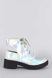 Qupid Hologram Round Toe Lace Up Cutout Booties