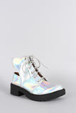 Qupid Hologram Round Toe Lace Up Cutout Booties