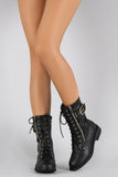 Zipper Buckle Round Toe Combat Lace Up Mid Calf Boot