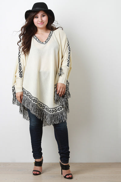 Abstract Print Fringe Trim Long Sleeves Poncho