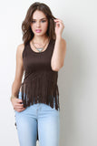 Vegan Suede High Low Fringe Sleeveless Crop Top