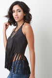 Suede Fringe Open Back Halter Sleeveless Top