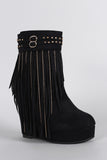 Suede Studded Fringe Round Toe Platform Wedge Booties