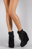 Suede Studded Fringe Round Toe Platform Wedge Booties