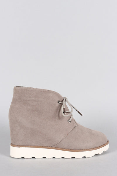 Dollhouse Suede Round Toe Lace Up Desert Wedge Booties