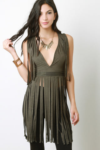 Plunging V-neck Suede Fringe Top