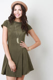 Vegan Suede Princess Seams Short Sleeved Skater Dress