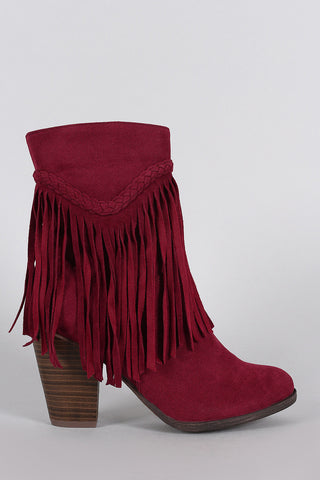 Breckelle Suede Braided Fringe Heeled Ankle Boots